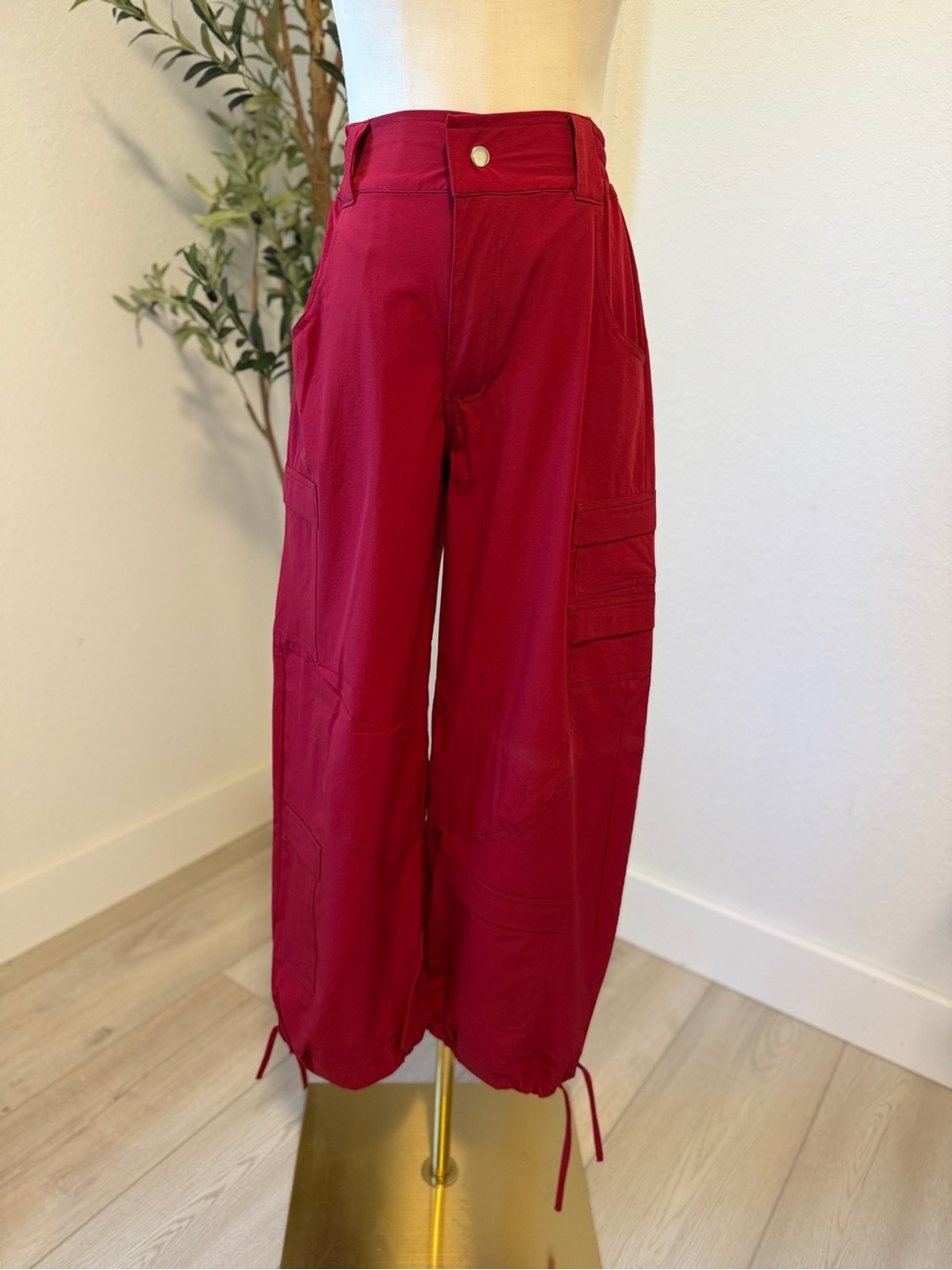 Wide-Leg Cargo Pants in Deep Red [ 40” Lenght ]